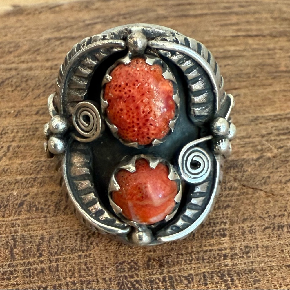 Native American Style Dyed Red Coral and Sterling Silver Ring Size 8